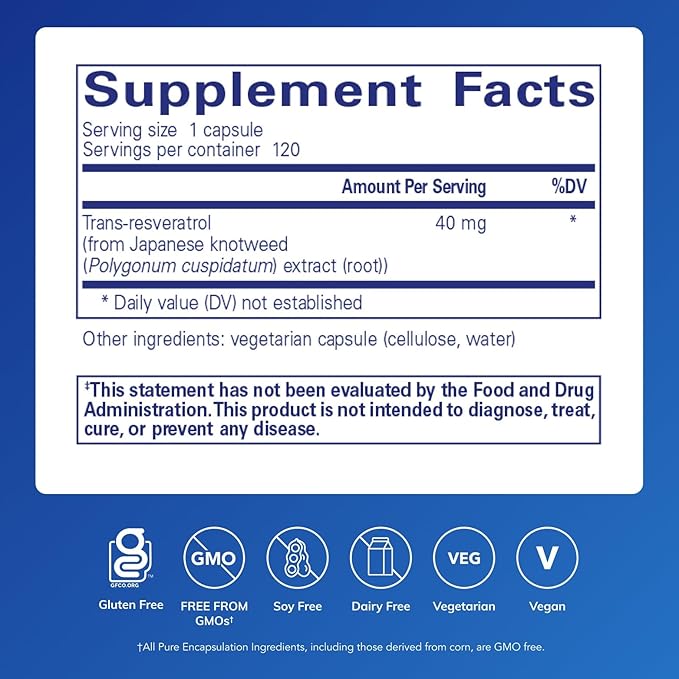 Pure Encapsulations Resveratrol - Cardiovascular, Cellular Health & Memory Support* - 40 mg Trans-Resveratrol - Antioxidants Supplement - Gluten Free & Non-GMO - 120 Capsules