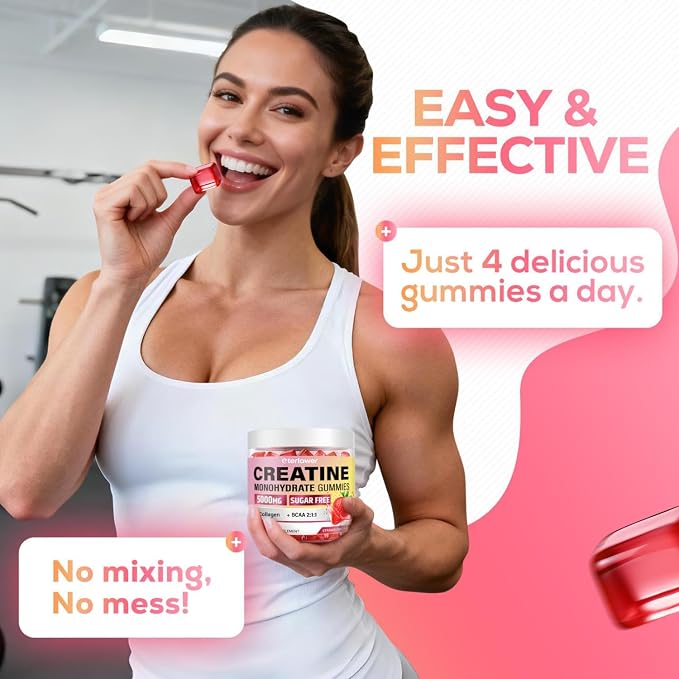 Creatine for Women with BCAAs & Collagen, Creatine Monohydrate Gummies for Lean Muscles, Energy, Gomitas de Creatina para Mujer, Pre + Post Workout, Sugar Free, Strawberry Flavor, 120 Ct