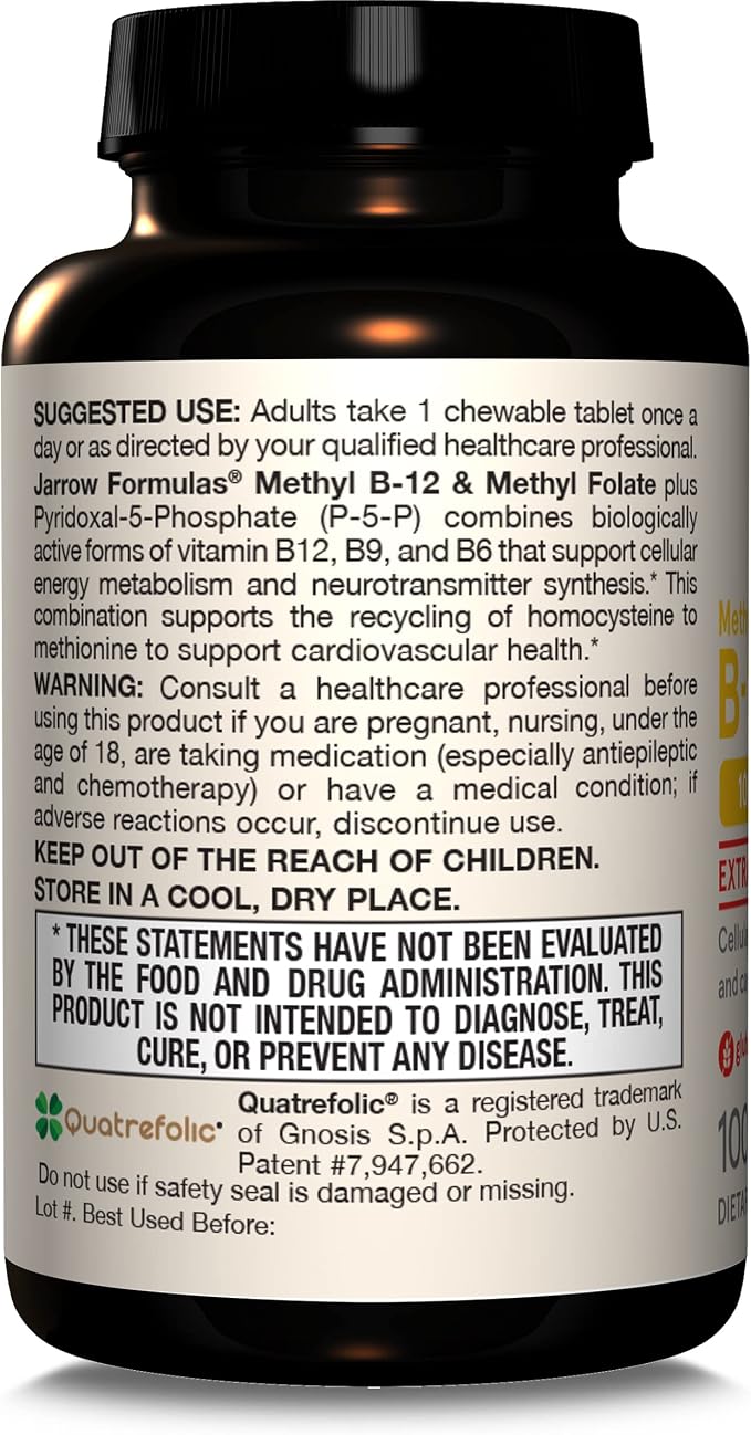 Jarrow Formulas Methyl B-12 & Methyl Folate, Bioactive Vitamin B9 & Vitamin B12 Supplement, Supports Cellular Energy Production, Healthy Brain Function & Metabolism, 100 Chewable Tablets, 100 Servings