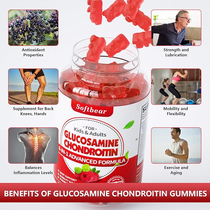 softbear Glucosamine Chondroitin Gummies Sugar Free, Extra Strength Glucosamine Chondroitin Supplement for Natural Joint Support, Raspberry Flavored 120 Count