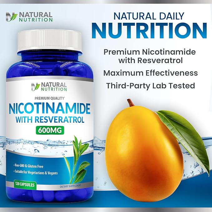 Generic Natural Vitamin Nicotinamide with Resveratrol 600mg (Vitamin B-3) 120 Veggie Capsules Gluten Free & Non-GMO