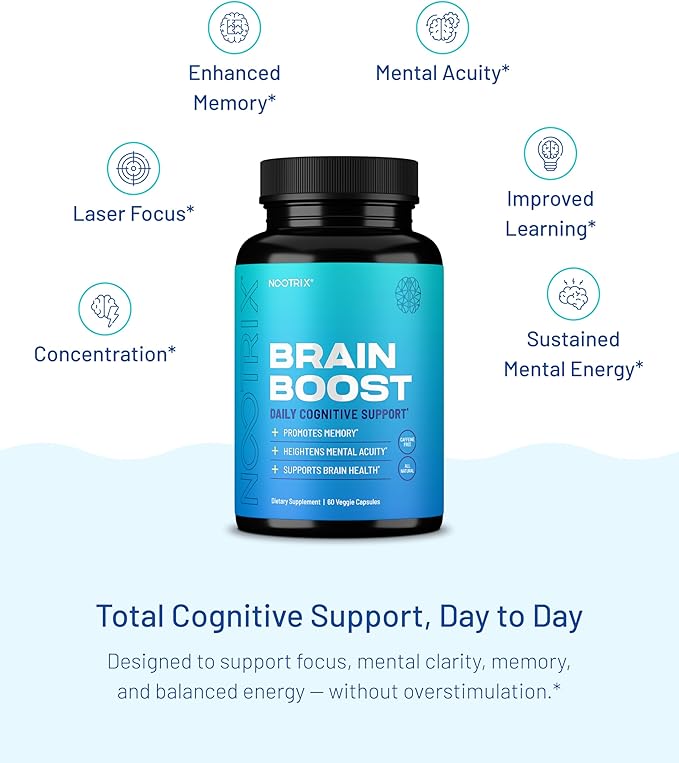Nootrix Brain Boost Nootropic Supplement | Supports Memory, Mental Focus, Cognitive Health & Energy | Promotes Healthy Mood & Brain Function | Ginkgo Biloba & DMAE | 60 Capsules