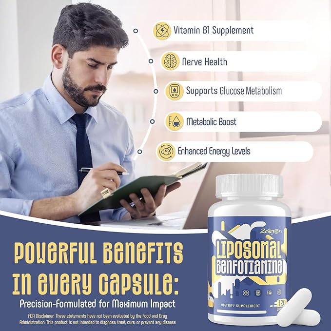 Zaigon Benfotiamine Thiamine Vitamin B1 Supplement, 600mg Liposomal Fat Soluble VIT B1 with Alpha-Lipoic Acid for Men & Women, Energy Boost, Glucose Metabolism & Nerve Support (360 Vegan Capsules)