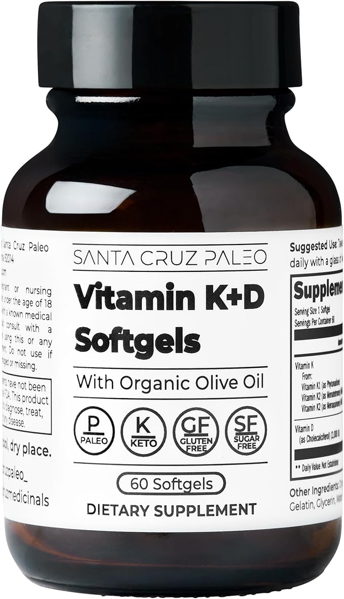 Santa Cruz Paleo Vitamin K2 + D3 Softgels, Daily Supplement with Organic Olive Oil, Includes Vitamin K1 & Two Forms of K2, Supports Heart & Bone Health, Gluten Free, Sugar Free, Paleo, Keto, 60 Count