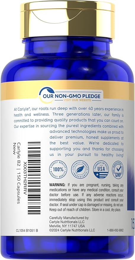 Carlyle Vitamin B2 200mg | 150 Count | Riboflavin | Non-GMO & Gluten Free Essential Supplement