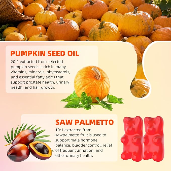 Pumpkin Seed Oil Gummies with Saw Palmetto, Organic Pumpkin Seed Oil Supplement for Hair Growth & Skin Health, Prostate Health, High Pure Extract for Women Men, Strawberry Flavor, 60 Count