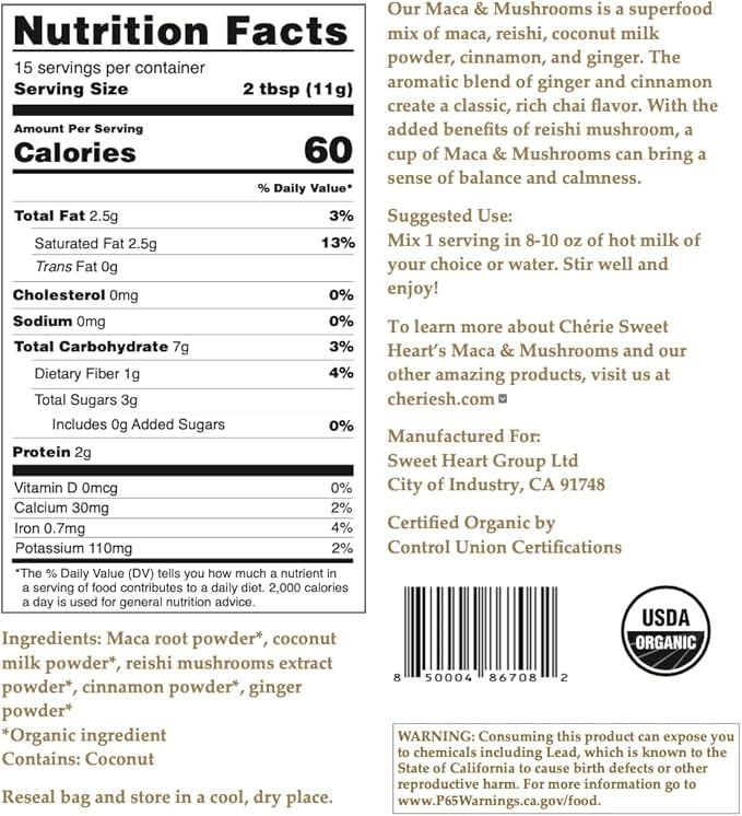 Cherie Sweet Heart Maca Mushrooms Blend (Maca + Reishi + Coconut Milk + Cinnamon + Ginger), 6oz Bag, 15 Servings — Organic, Non-GMO, Vegan, Gluten-Free
