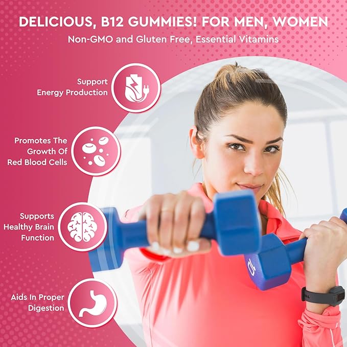 Vitamin B12 Gummies - 5000 mcg Methylcobalamin with Iron, Vitamin C, D3 & Folate, Energy Support and Metabolism, Immune, B-12 Complex Chewable Supplement for Men & Women,Strawberry Flavor