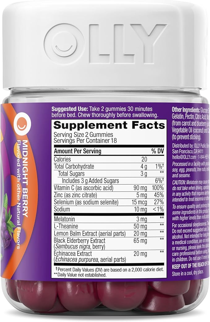OLLY Sleep Immunity Melatonin Gummy, Vitamin C, Zinc, Echinacea, 3mg Melatonin, Immune and Sleep Support, Berry - 36