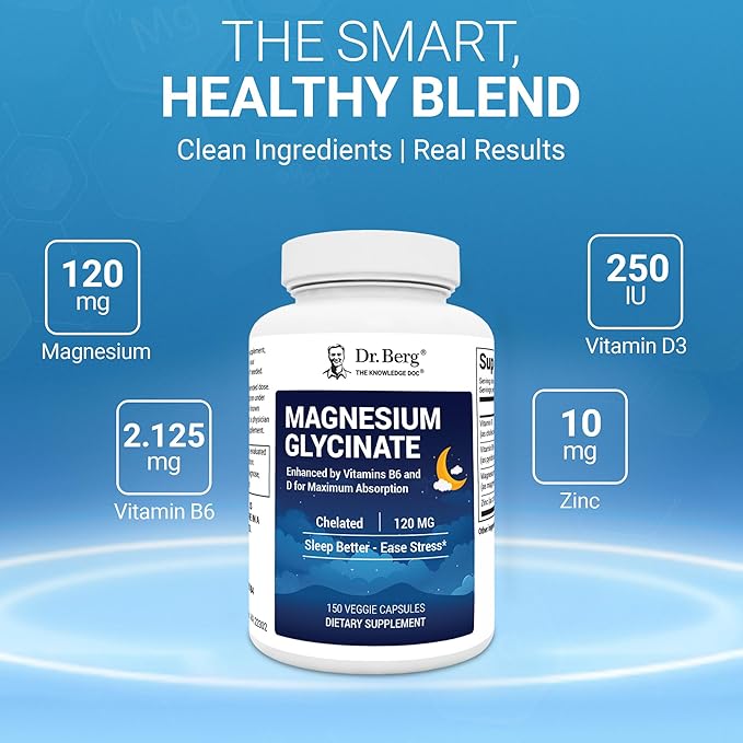 Dr. Berg Magnesium Glycinate 150ct – 4-in-1 Chelated for Muscle, Nerve, Sleep & Stress Support*– w/ D3, B6 & Zinc – 4X Lab-Tested – No Fillers – Formulated in USA, GMP-Certified