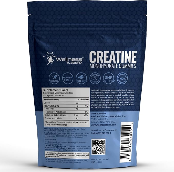 Creatine Gummies 5000mg, 30 Servings Creatine Monohydrate Gummies - Third-Party Tested Creatine for Women, Blueberry Flavor Creatine for Men, Muscle Growth, Strength, and Recovery - Pack of 1