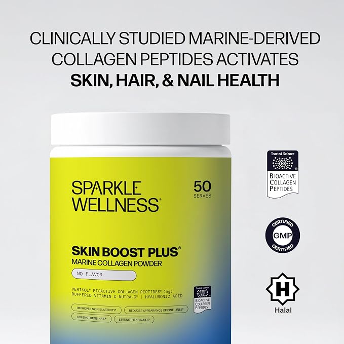 Sparkle Wellness Marine Skin Boost Plus (No Flavor) [50-Serves] | Collagen Powder Supplement with Marine-derived VERISOL Bioactive Hydrolyzed Collagen Peptides, Vitamin C & Hyaluronic Acid