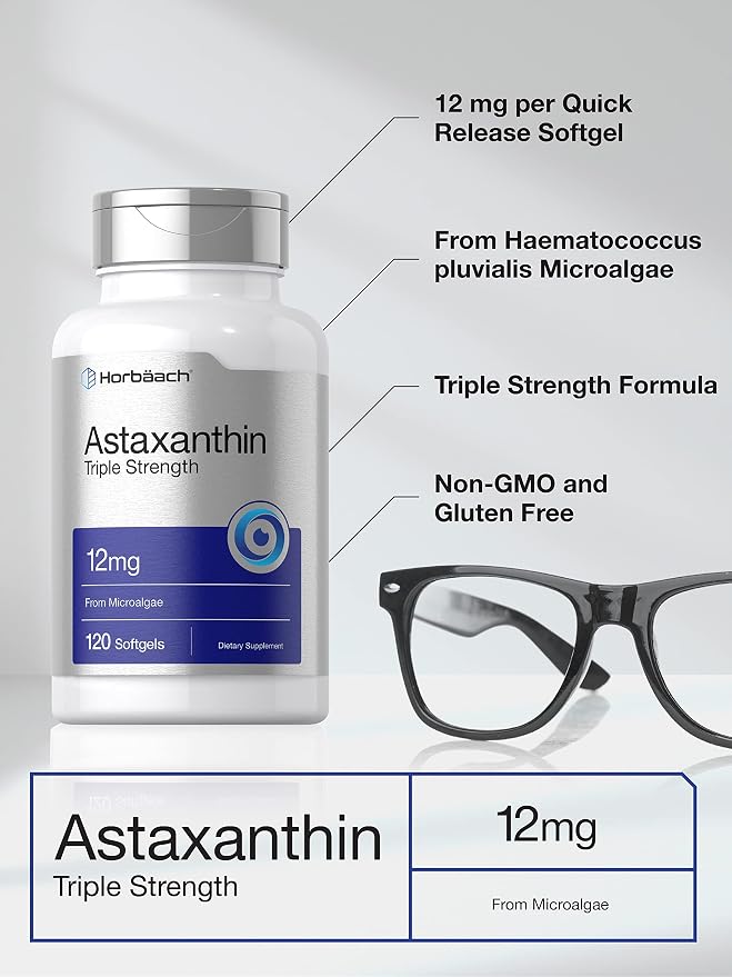 Horbäach Astaxanthin Supplement | 12mg | 120 Softgels | Triple Strength | from Microalgae | Non-GMO & Gluten Free