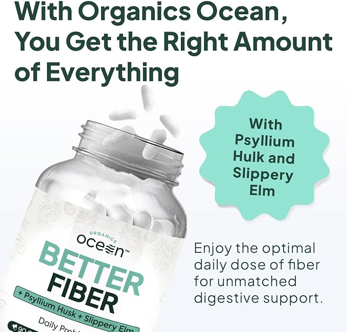 Organics Ocean Better Fiber - Daily Fiber Supplement - Soften Stool for Effortless Bowel Movements - with Psyllium Hulk and Slippery Elm - 3 Bottles