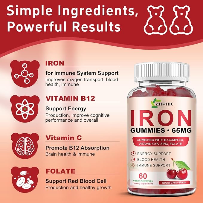 ZHPHK Iron Gummies Supplement for Women, Men & Kids, Iron 65mg with 250mg Vitamin C B6 B12 Folate Healthy Blood, Energy & Immune Support Gentle on Stomach Ferrous Fumarate, 120 Count