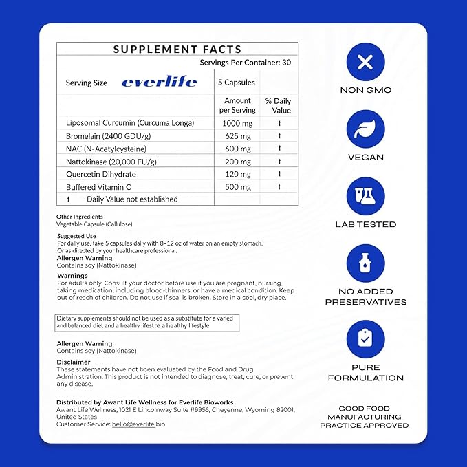 Everlife Spike Protein & Liver Detox Support Supplement - Liposomal Curcumin with NAC, Quercetin, Bromelain & Buffered Vitamin C – Circulation, Antioxidant & Immune Support Blend – 150 Capsules