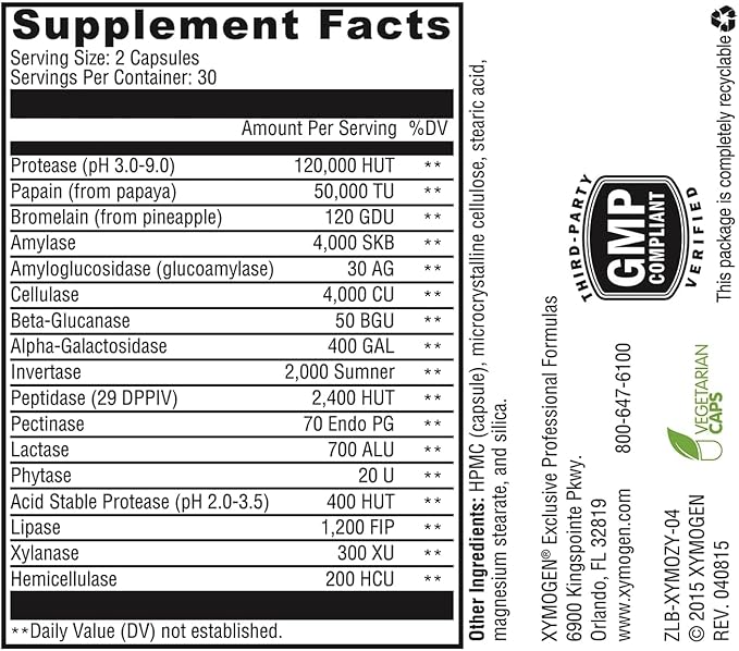 XYMOGEN XymoZyme - Vegan Digestive Enzyme Supplement for Digestive Health Support* - Plant-Based Multi-Enzyme Formula - Gluten-Free & Dairy-Free - 60 Capsules