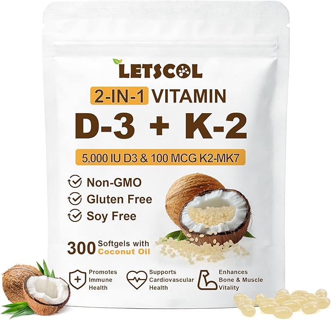 2-in-1 Vitamin D3 K2 Supplement Softgel, Vitamin D3 5000 IU and Vitamin K2 100 mcg, K2 MK7 with D3 Vitamin Supplement Support Immune, Heart, Joint, Teeth & Bone Health