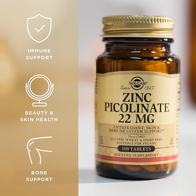 Solgar Zinc Picolinate 22 mg, 100 Tablets (Pack of 3) - Promotes Healthy Skin - Supports Immune System, Normal Taste & Vision - Antioxidant - Non-GMO, Vegan, Gluten Free, Kosher - 300 Total Servings