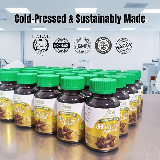 Amazon Andes Sacha Inchi Oil Capsules 500mg - Omega 3 6 9 Fatty Acids from Peru - 100 Softgels - Cold Pressed Virgin Inca Peanut Oil - Plukenetia Volubilis - Vegan Plant Based Non-GMO