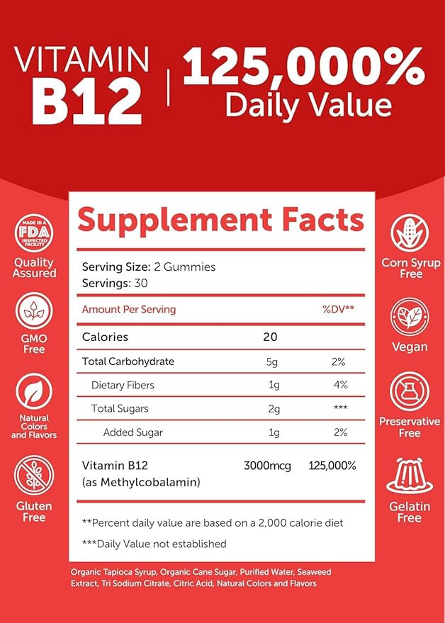 Lunakai Extra Strength 3000mcg Vitamin B12 Gummies - USA Made, Delicious Daily Energy & Metabolism Support - Vegan B12 Methylcobalamin Supplement 60ct, 3 Pack