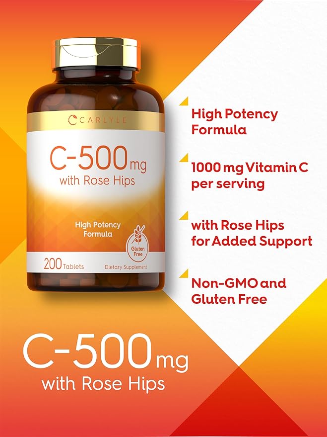 Carlyle Vitamin C 500mg | with Rose Hips | 200 Tablets | High Potency Formula | Vegetarian, Non-GMO, Gluten Free Supplement
