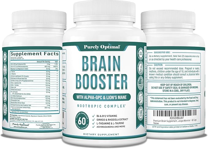 Purely Optimal Brain Booster Nootropic Supplement – Brain Support for Memory, Focus, Clarity, Jitter-Free Energy for Adults, Seniors– with Ginkgo Biloba, Alpha GPC, Lion’s Mane – 60 Capsules