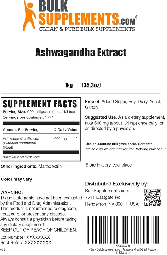 BulkSupplements.com Ashwagandha Root Extract Powder - Ashwagandha Supplement, Herbal Supplement - Vegan & Gluten Free, 600mg per Serving, 1kg (2.2 lbs) (Pack of 1)