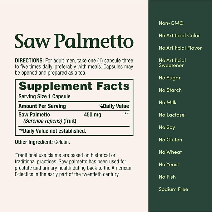 Nature's Bounty Saw Palmetto Support for Prostate and Urinary Health, Herbal Health Supplement, 450mg, 250 Capsules
