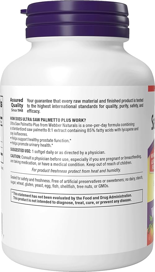 Webber Naturals Ultra Saw Palmetto Plus, 320mg per Softgel, Supports Healthy Prostate Function, Herbal Health Supplement with Lycopene, 100 Softgels, Gluten Free