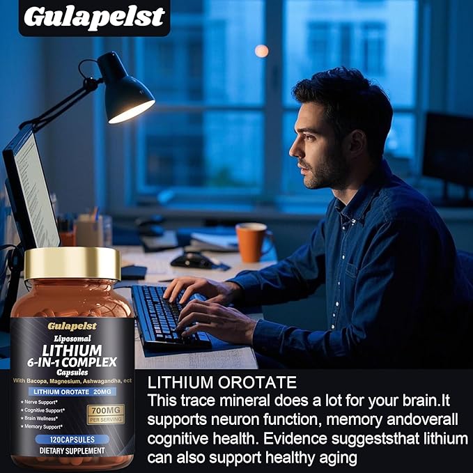 2 Packs Lisopomal Lithium Orotate Complex Capsules, Lithium Orotate 20 mg, Magnesium Glycinate & Ashwagandha, Brain Health Supplements for Cognitive, Mood & Memory – Non-GMO, 240 Vegan Capsules