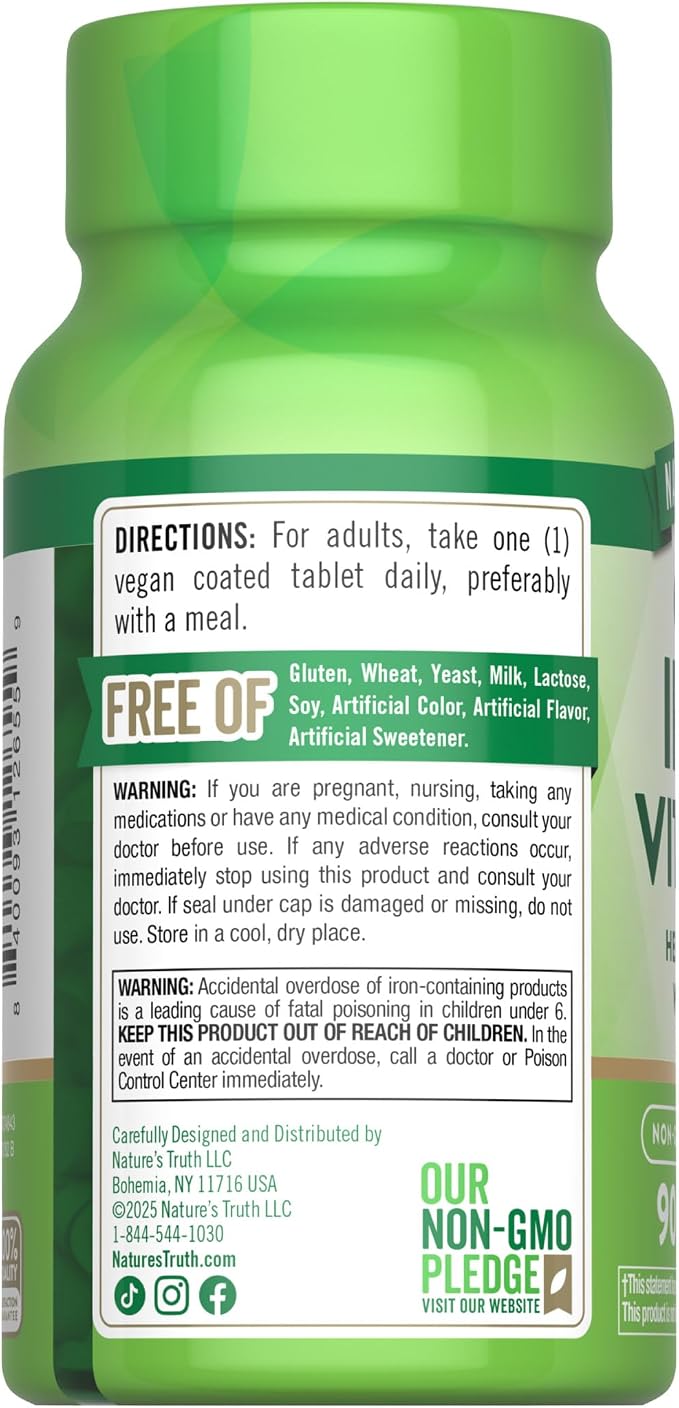 Nature's Truth Iron Plus Vitamin C Tablets | 65mg of Iron | 90 Count | High Potency | Vegan, Non-GMO & Gluten Free Supplement
