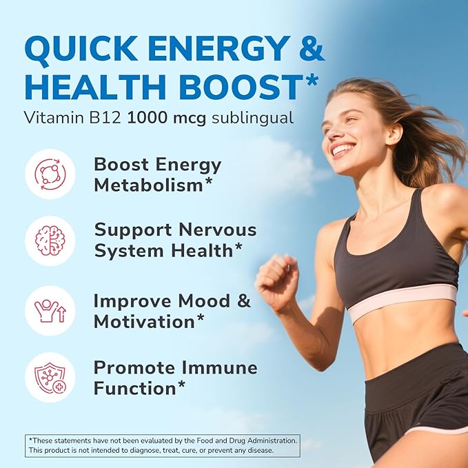Vitamin B12 1000 mcg, Sublingual Methylcobalamin, Natural Peach Flavor, Nervous System Health, Energy Support, No Sugar, 120 Fast Dissolve Tablets