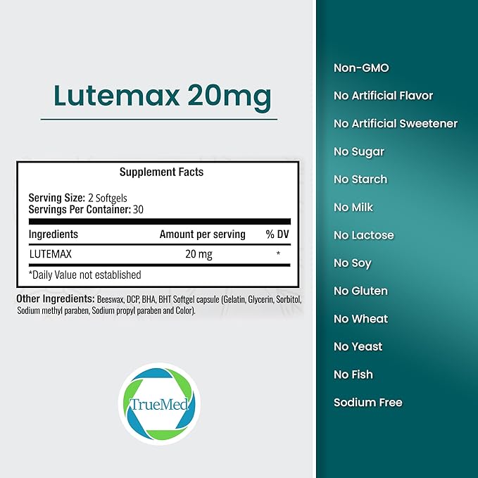Lutemax 20mg 30 Days Supply Eye Supplement - Supports Macular Health, Vision Clarity, Heart Health, Protects Eyes from Blue Light & Photons, Antioxidant Protection, GMP Certified 60 Softgel.