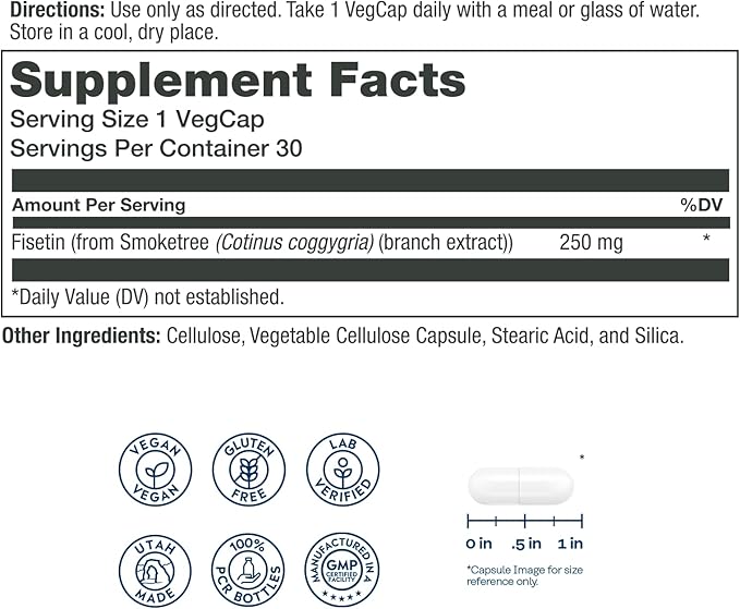 SOLARAY Fisetin 250 mg - Flavonoid & Antioxidant Support for Longevity - Once Daily Formula - Vegan, Gluten Free Fisetin Supplements - 30 Servings, 30 VegCaps