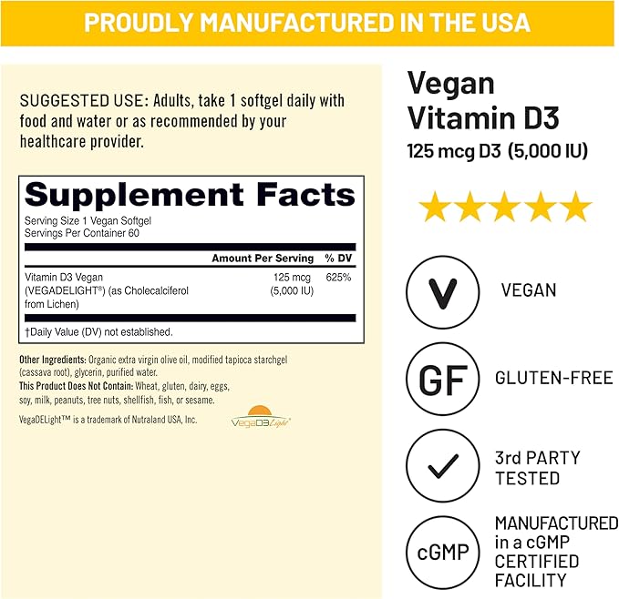 NatureWise Vegan Vitamin D3 5000iu (125 mcg) D3 from Lichen - Supports Immune, Muscle, Bone Health - High Absorption with Organic Cold-Pressed Olive Oil - Non-GMO - 60 Softgels[2-Month Supply]