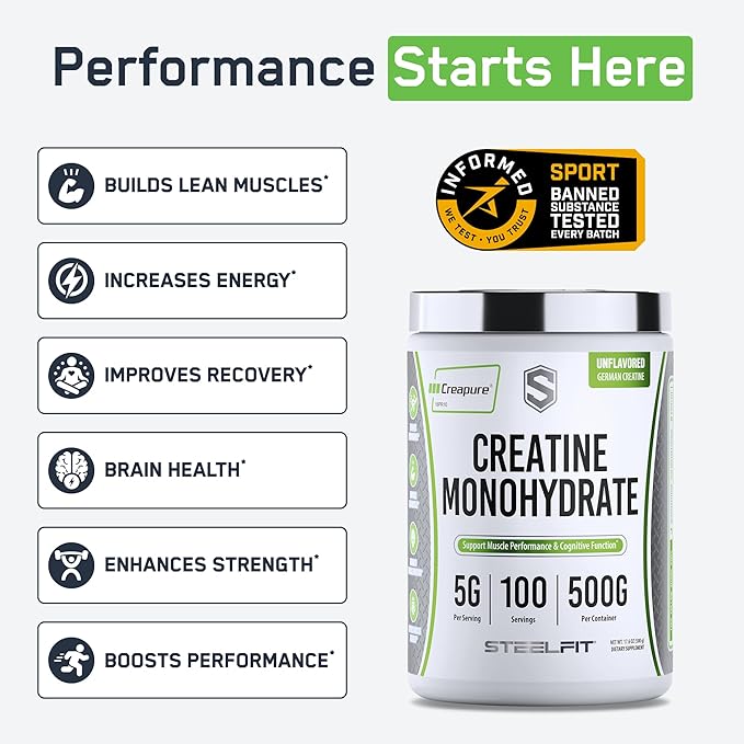 SteelFit Creapure Creatine Monohydrate Powder, Unflavored - German Micronized Creatine Powder for Men & Women - Gym Workout Nutritional Supplements for Muscle Gain, Brain Health & Strength Building