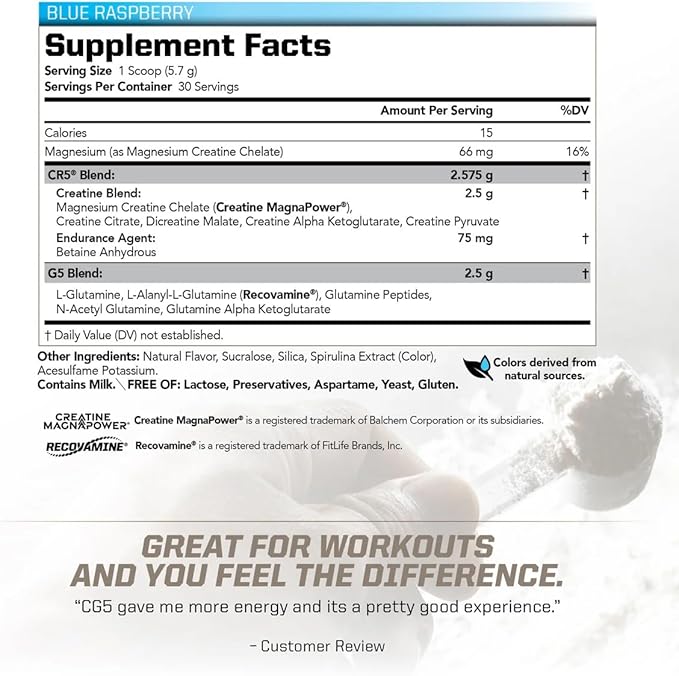 PMD Sports CG5 - Premium Creatine & L Glutamine Powder - Maximum Strength Power Recovery, Build Lean Muscle, Increase Workout Performance - Pre Workout & Post Workout - Blue Raspberry (30 Serv)