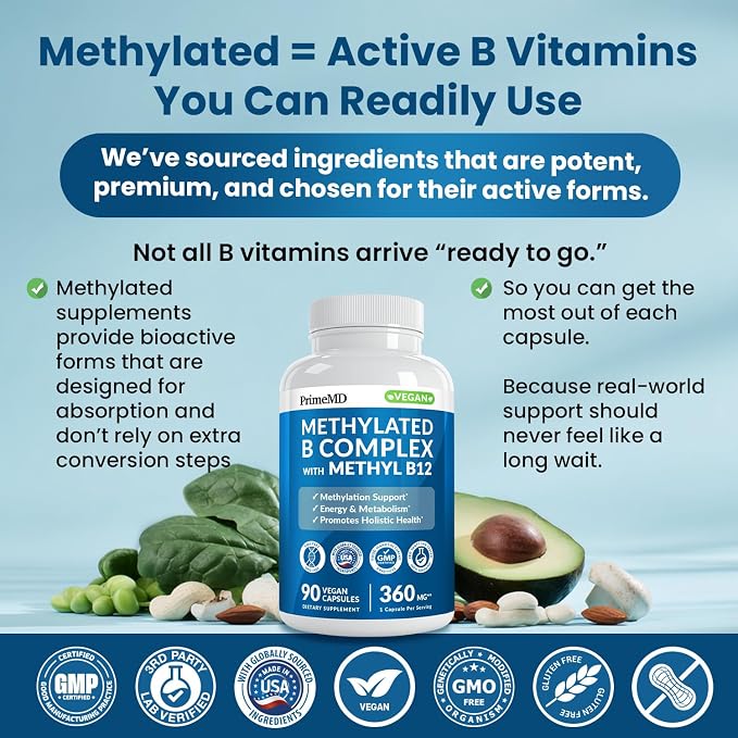 Methylated B Complex with Methylfolate and B12 Methylcobalamin 1000 mcg - Methylated Multivitamin for Energy, Brain Function, and Wellness - Vitamin B Complex for Men & Women (180 Servings, Pack of 2)