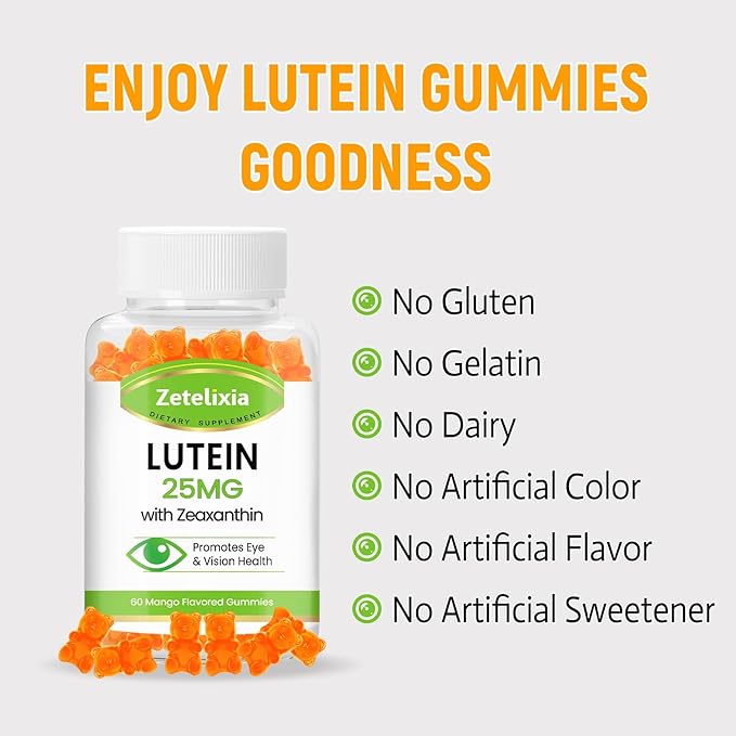 Lutein Gummies 25mg - Eye Vitamins Lutein & Zeaxanthin Eye Health Supplements for Adults,Sugar Free Eye Health Gummies Supplement - Support Vision,Macular,Blue Light Filtering (60 Count)