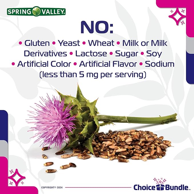CHOICE BUNDLE Spring Valley Standardized Extract Milk Thistle Dietary Supplement Capsules 175 mg 180 Ct 3 pk (540 Total) + Vitamin Guide and Pill Container (5 Items)!