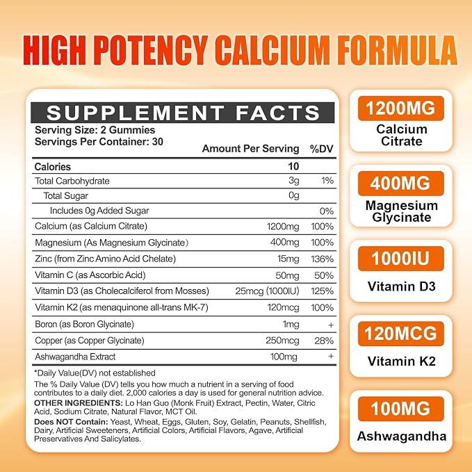Calcium 1200 mg with Vitamin D3 Gummies for Adults - Calcium Citrate with Vitamin D3 K2, Magnesium, Zinc, Boron, Copper and Ashwagandha - Extra Absorption Calcium Supplement for Women Men