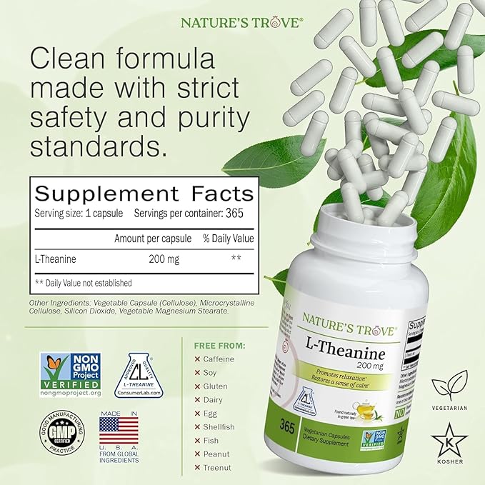 Nature's Trove L-Theanine 200mg Super Value Size - 365 Vegetarian Capsules