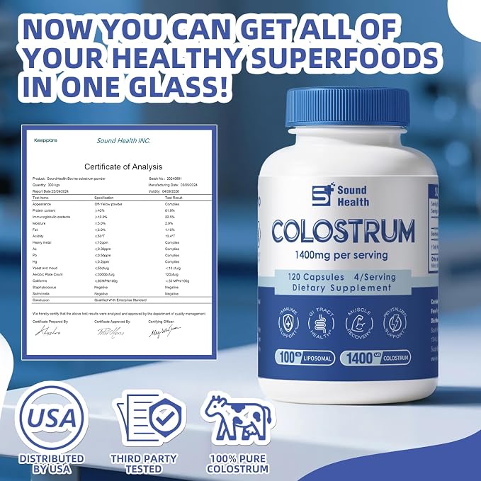 Colostrum Supplement 120 Capsules for Humans - Organic Bovine Colostrum Powder for Gut Health, Hair Growth, Beauty, and Immune Support - Unflavored (120 Capsules)