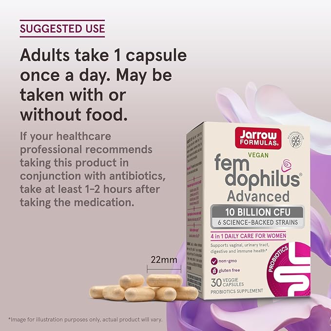 Jarrow Formulas Fem-Dophilus Advanced Vaginal & Digestive Probiotics 10 Billion CFU, for Vaginal, Urinary Tract, Digestive & Immune Support, 30 Capsules (Pack of 2)