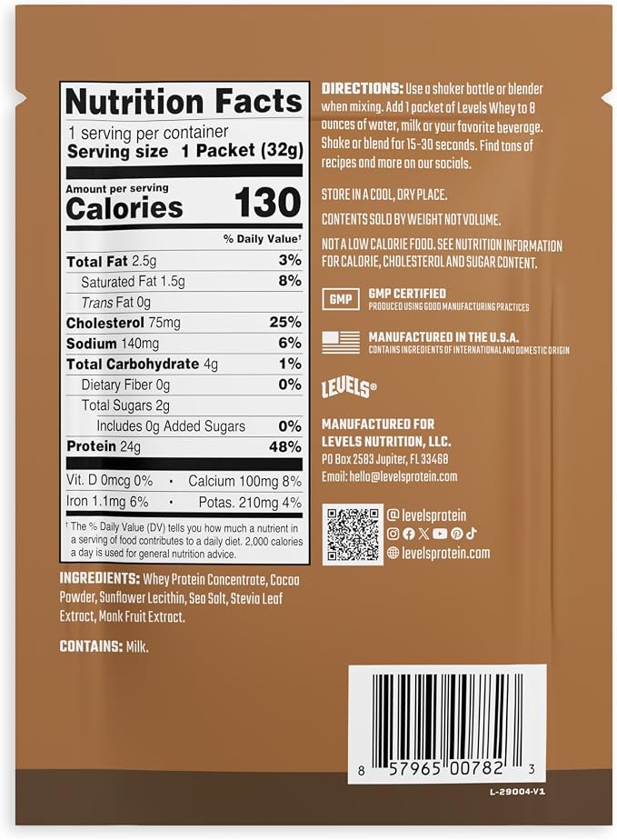 Levels Whey Protein Powder, No Artificials, Double Chocolate, 12 Count | 24G of protein and 5.4G BCAAs per scoop, made with hormone-free dairy, zero junk, no fillers, no added sugar, certified clean
