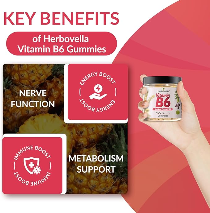 Vitamin B6 Gummies 100mg, Vitamin B6 Supplement P5P for Energy & Nervous System, Sugar Free, Vegan, 60 Liquid-Filled Gummies.