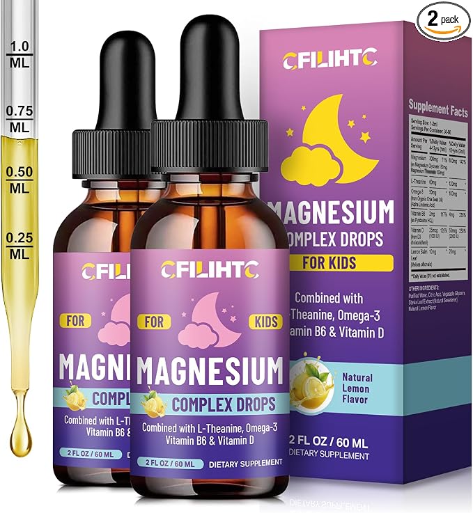 Kids Magnesium Liquid Drops-Magnesium Glycinate Liquid for Kids Supplement-w/L-theanine, Omega-3, Vitamin B6, D3 - for Sleep, Relaxation, Brain, Bones - Lemon Flavor, 4 Fl Oz