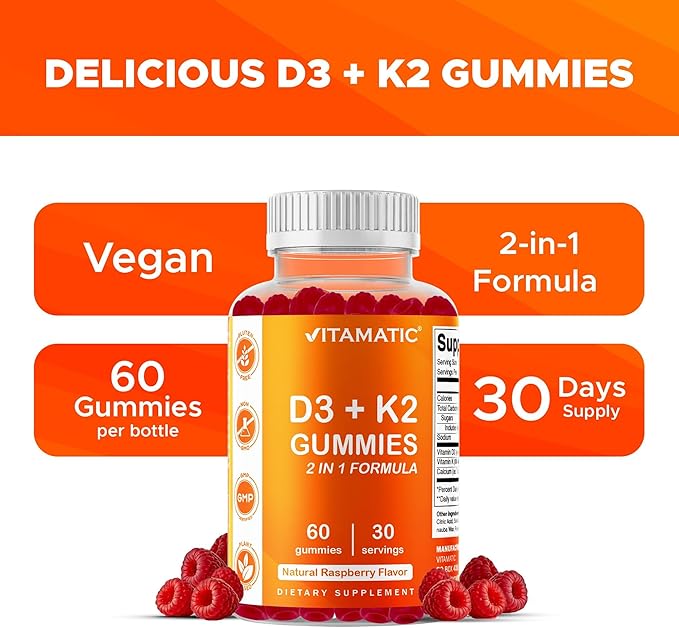 Vitamatic Vitamin D3 + K2 Gummies – 60 Count | Supports Bone, Heart & Immune Health – Promotes Calcium Absorption – Plant-Based, Non-GMO, Gluten-Free