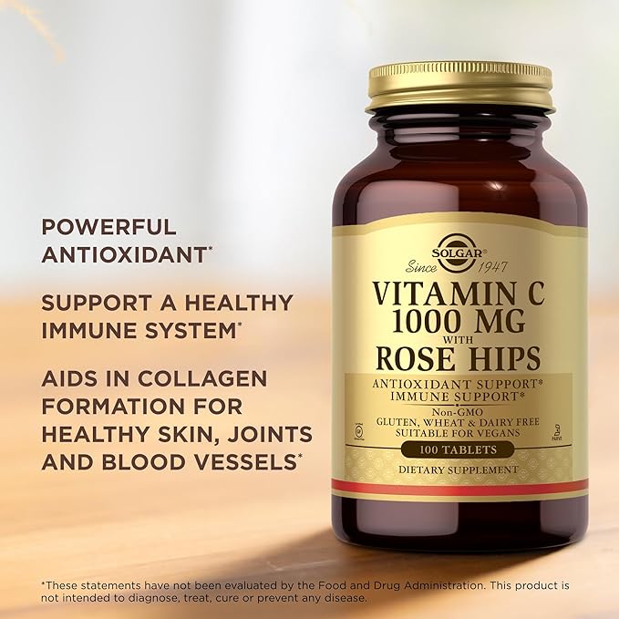 Solgar Vitamin C 1000 mg with Rose Hips - 100 Tablets - Antioxidant & Immune Support - Non-GMO, Vegan, Gluten Free, Dairy Free, Kosher - 100 Servings